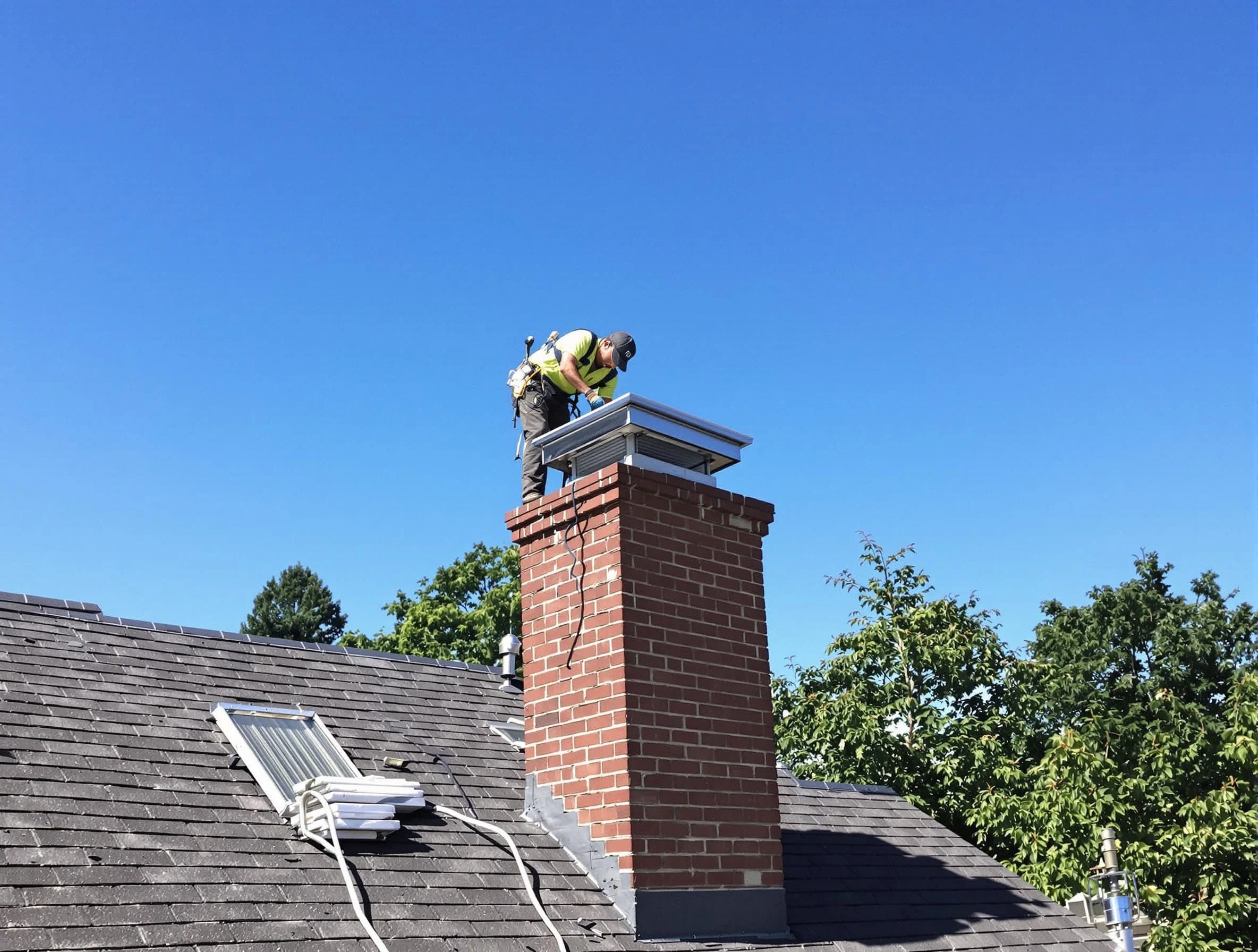 Chattahoochee Hills Chimney Sweep technician measuring a chimney cap in Chattahoochee Hills, GA